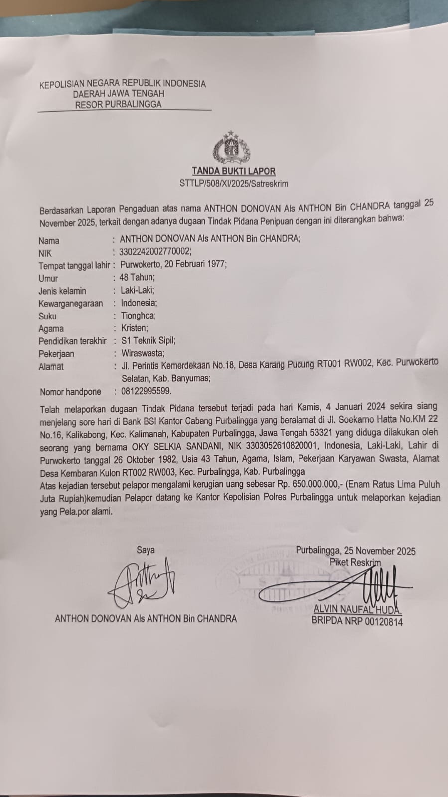 Warga Purwokerto Laporkan Dugaan Penipuan Rp650 Juta ke Polres Purbalingga