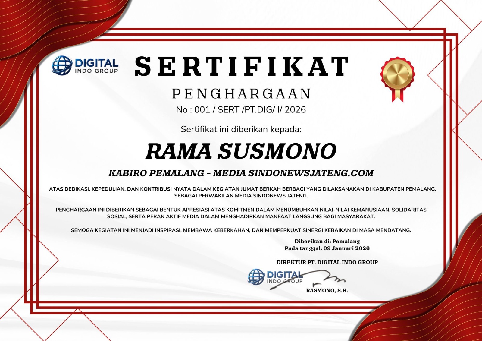 Apresiasi Kegiatan Sosial, Rama Susmono Diganjar Penghargaan Jumat Berkah di Pemalang