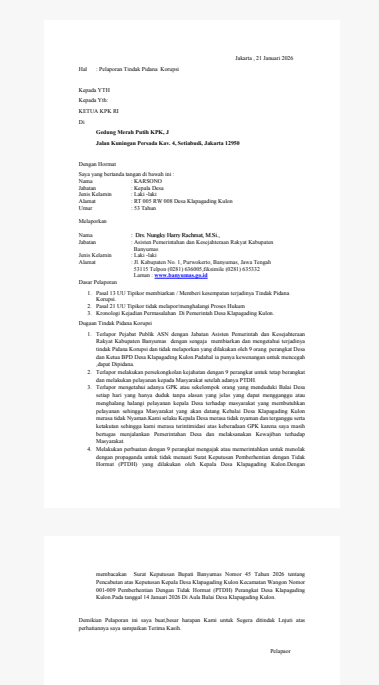 Kepala Desa Klapagading Kulon Laporkan Dugaan Pembiaran Korupsi ke KPK